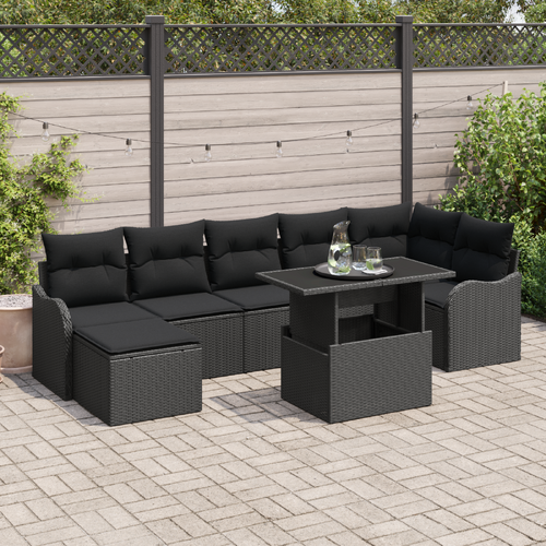 8 Piece Garden Sofa Set with Cushions Black Poly Rattan