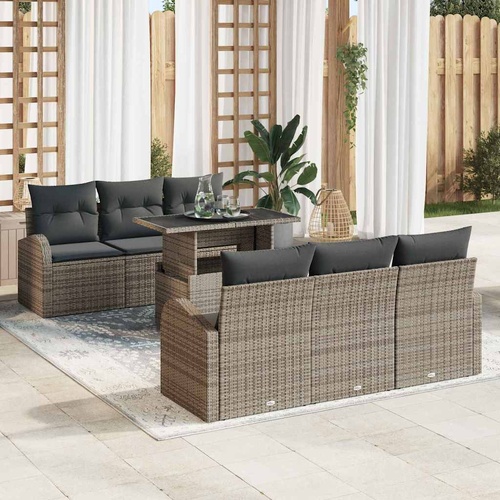 7 Piece Garden Sofa Set with Cushions Grey Poly Rattan