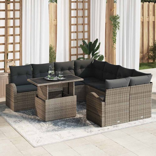 9 Piece Garden Sofa Set with Cushions Grey Poly Rattan