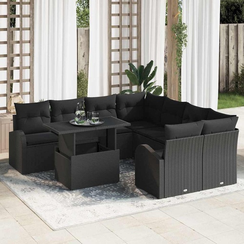 9 Piece Garden Sofa Set with Cushions Black Poly Rattan