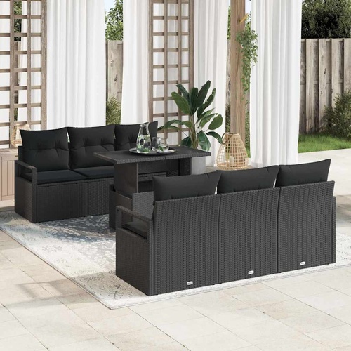 7 Piece Garden Sofa Set with Cushions Black Poly Rattan