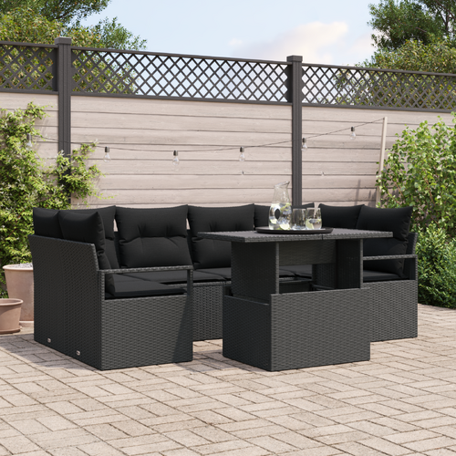 7 Piece Garden Sofa Set with Cushions Black Poly Rattan