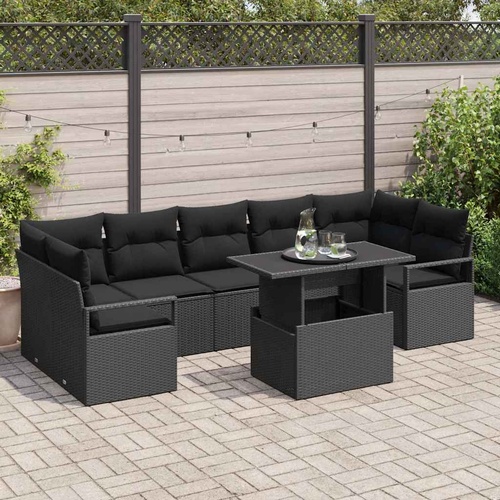 8 Piece Garden Sofa Set with Cushions Black Poly Rattan