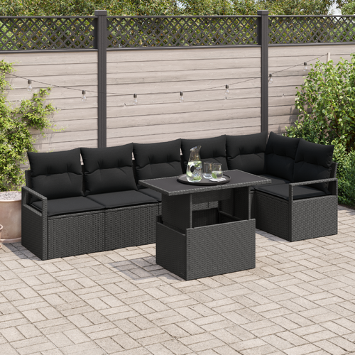 7 Piece Garden Sofa Set with Cushions Black Poly Rattan