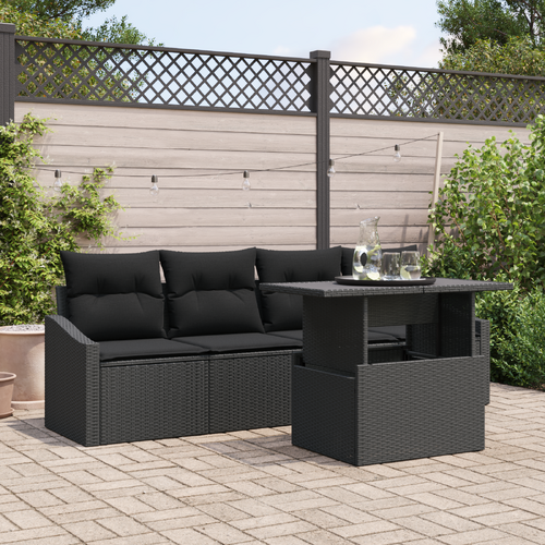 5 Piece Garden Sofa Set with Cushions Black Poly Rattan