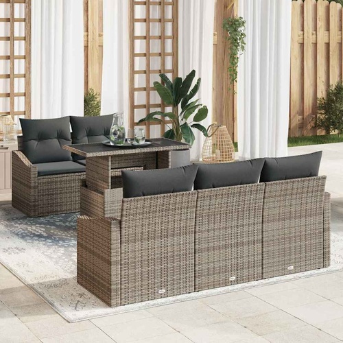6-Piece Garden Sofa Set with Cushions - Grey Poly Rattan