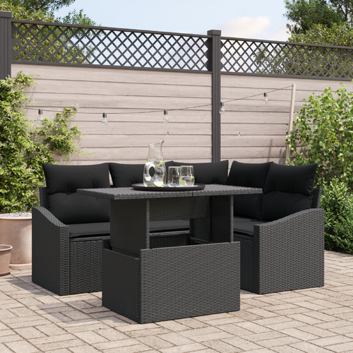 5 Piece Garden Sofa Set with Cushions Black Poly Rattan