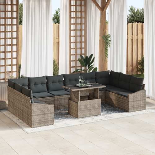 11 Piece Garden Sofa Set with Cushions in Grey Poly Rattan