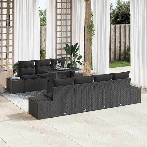8 Piece Garden Sofa Set with Cushions Black Poly Rattan