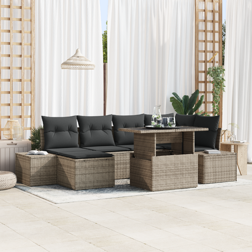 7 Piece Garden Sofa Set with Cushions - Grey Poly Rattan