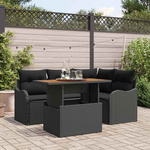 5 Piece Garden Sofa Set with Cushions Black Poly Rattan