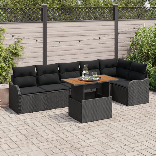 7 Piece Garden Sofa Set with Cushions Black Poly Rattan