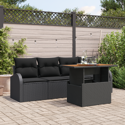 5 Piece Garden Sofa Set with Cushions Black Poly Rattan