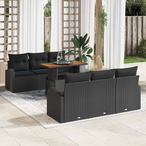 7 Piece Garden Sofa Set with Cushions Black Poly Rattan