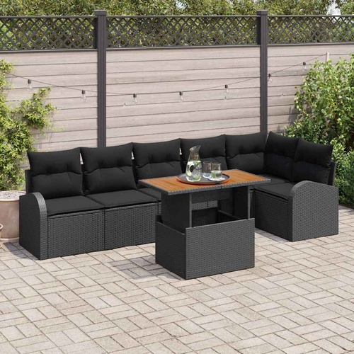7 Piece Garden Sofa Set with Cushions Black Poly Rattan