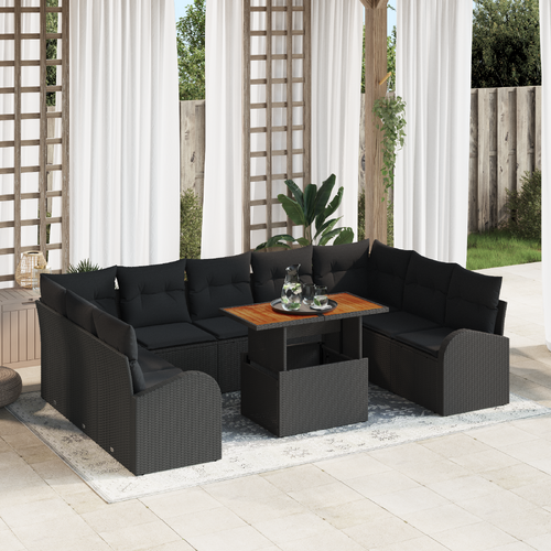 10 Piece Garden Sofa Set with Cushions Black Poly Rattan