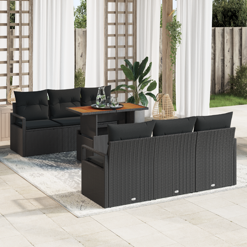 7 Piece Garden Sofa Set with Cushions Black Poly Rattan