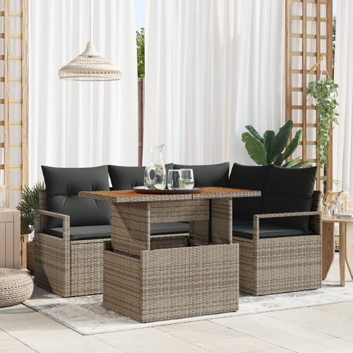 5 Piece Garden Sofa Set with Cushions - Grey Poly Rattan