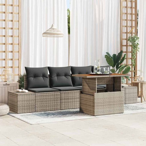 5 Piece Garden Sofa Set with Cushions Grey Poly Rattan
