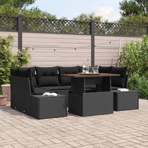 7 Piece Garden Sofa Set with Cushions Black Poly Rattan