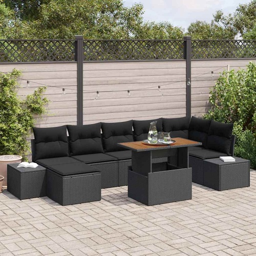 8 Piece Garden Sofa Set with Cushions Black Poly Rattan