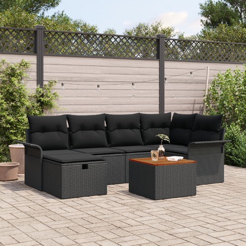 7 Piece Garden Sofa Set with Cushions Black Poly Rattan