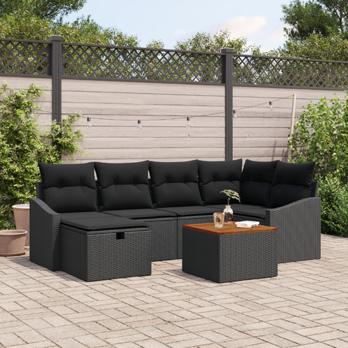 7 Piece Garden Sofa Set with Cushions Black Poly Rattan