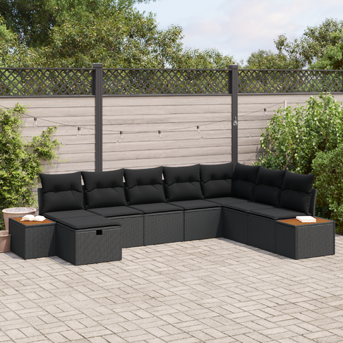 8 Piece Garden Sofa Set with Cushions Black Poly Rattan
