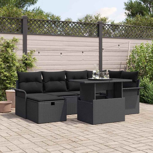 7 Piece Garden Sofa Set with Cushions Black Poly Rattan
