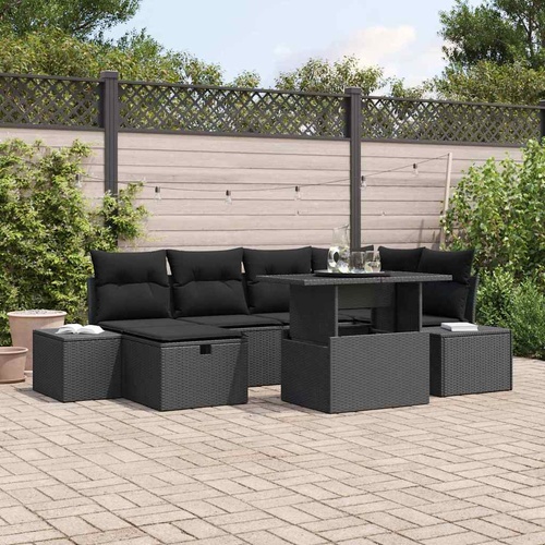7 Piece Garden Sofa Set with Cushions Black Poly Rattan