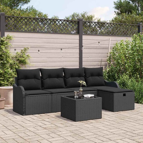 6 Piece Garden Sofa Set with Cushions Black Poly Rattan