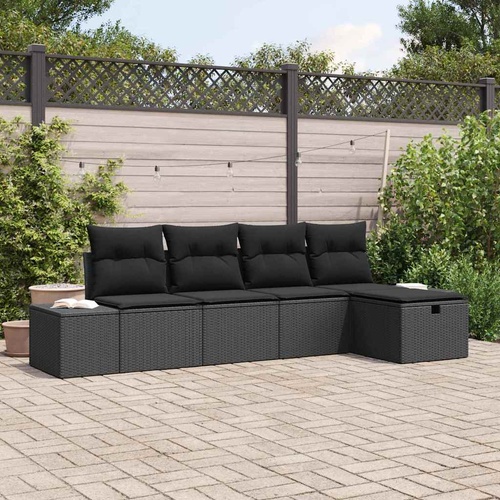 5 Piece Garden Sofa Set with Cushions Black Poly Rattan