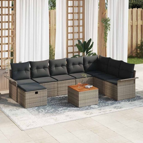 9 Piece Garden Sofa Set with Cushions Grey Poly Rattan