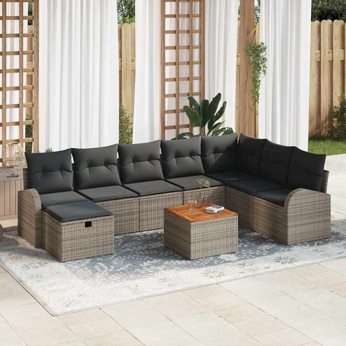 9 Piece Garden Sofa Set with Cushions Grey Poly Rattan