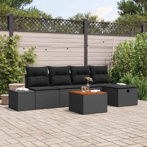 6 Piece Garden Sofa Set with Cushions Black Poly Rattan