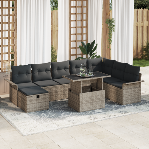 9 Piece Garden Sofa Set with Cushions Grey Poly Rattan