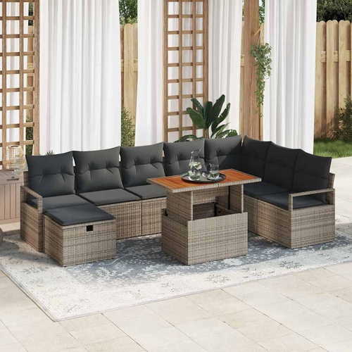 9 Piece Grey Poly Rattan Sofa Set with Cushions