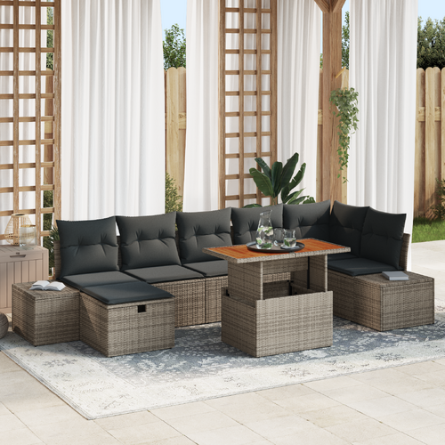 8 Piece Garden Dining Set with Cushions Grey Poly Rattan Acacia