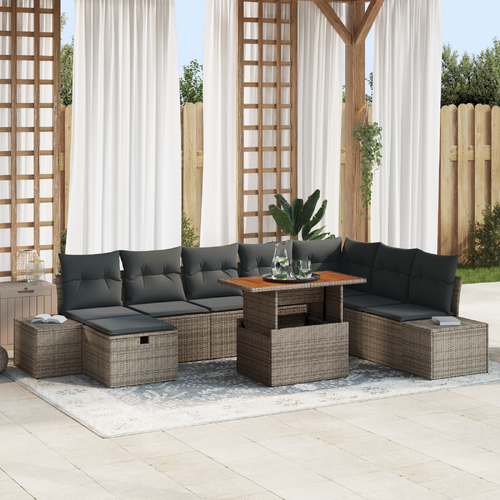9 Piece Garden Dining Set with Cushions Grey Poly Rattan Acacia