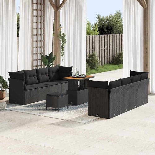 11 Piece Garden Sofa Set with Cushions Black Poly Rattan Acacia