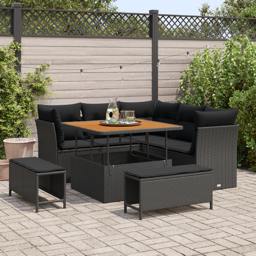 8 Piece Garden Sofa Set with Cushions Black Poly Rattan Acacia