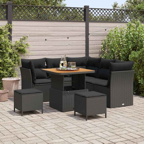 8 Piece Garden Sofa Set with Cushions Black Poly Rattan Acacia