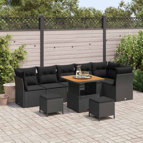 9 Piece Garden Sofa Set with Cushions Black Poly Rattan Acacia