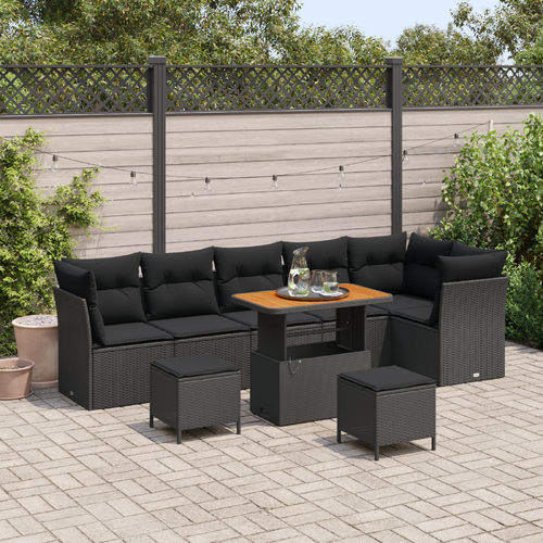 9 Piece Garden Sofa Set with Cushions Black Poly Rattan Acacia