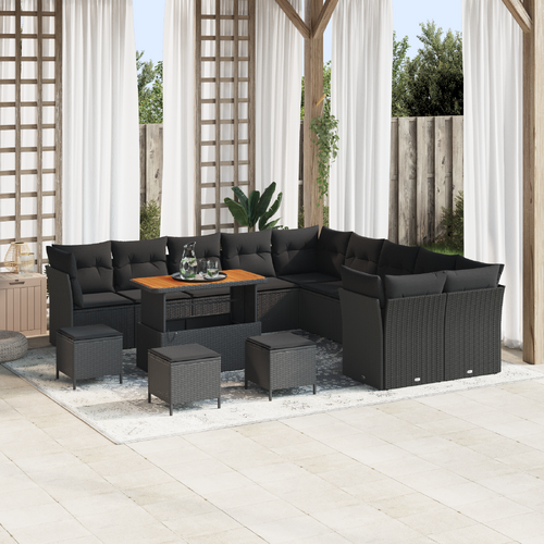 14 Piece Garden Sofa Set with Cushions Black Poly Rattan Acacia