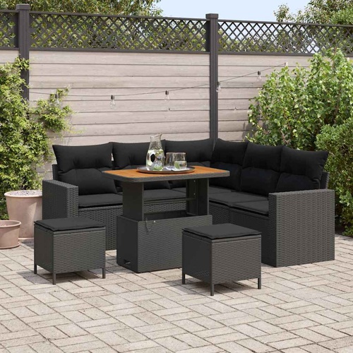 8 Piece Garden Sofa Set with Cushions Black Poly Rattan Acacia