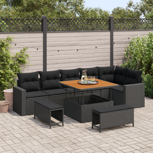 9 Piece Garden Sofa Set with Cushions Black Poly Rattan Acacia