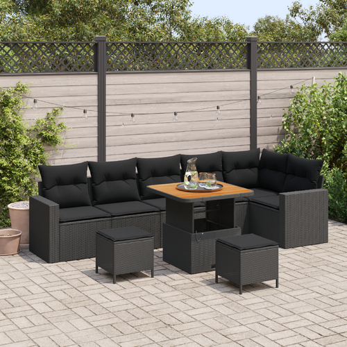 9 Piece Garden Sofa Set with Cushions Black Poly Rattan Acacia