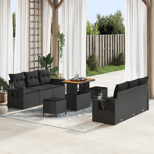 9 Piece Garden Sofa Set with Cushions Black Poly Rattan Acacia