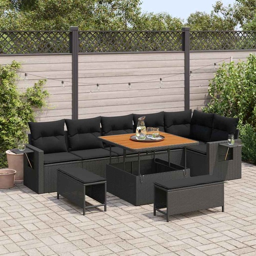 9 Piece Garden Sofa Set with Cushions Black Poly Rattan Acacia